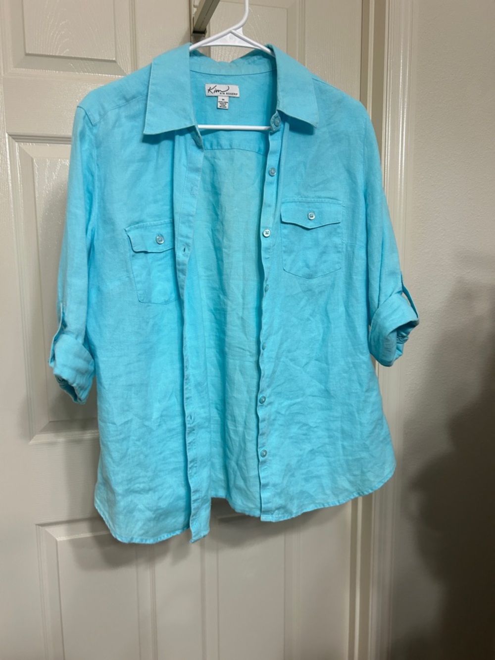 Kim Rogers Aqua Linen Button-Up Shirt with Roll Tab Sleeves and Pockets Beach M